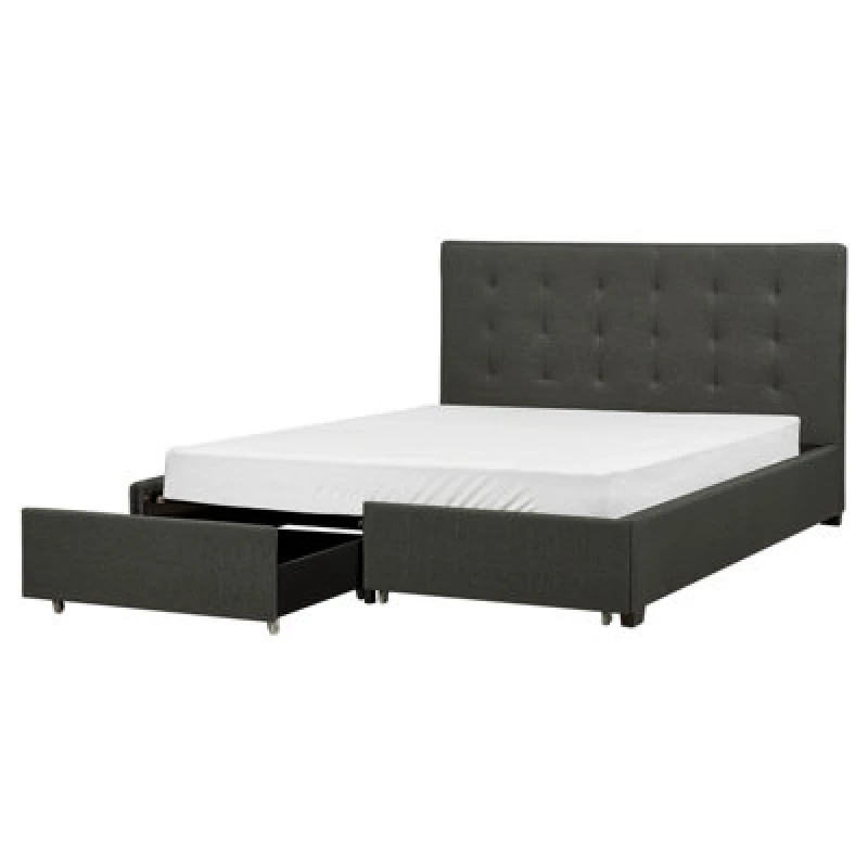 Image of Beliani Bed With Storage Drawers Fabric La Rochelle 160 X 200 Cm (Eu King Size) Dark Grey