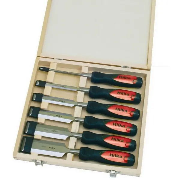 Image of Hilka Hilka Wood Chisel Set 6pc 6 12 19 25 32 38mm In Wooden Box HIL72909006