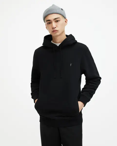 Image of AllSaints Mens Cotton Slim Fit Raven Pullover Hoodie, Black, Size: XS