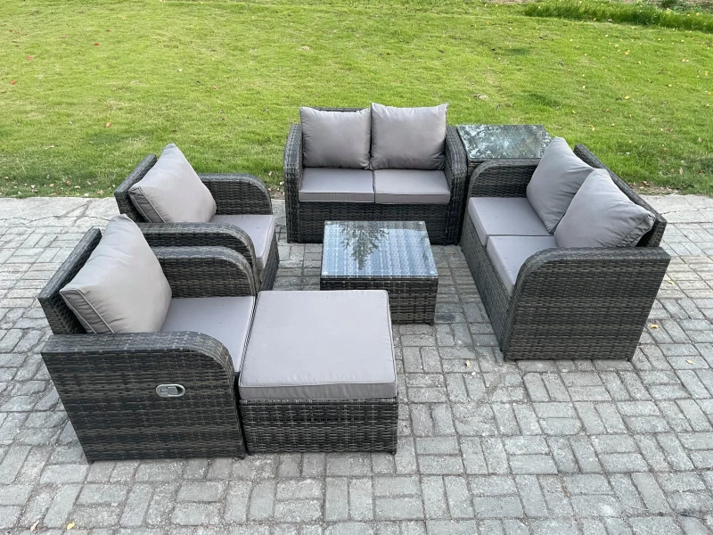 Image of Fimous 7 Seater Rattan Sofa Set Outdoor Garden Furniture Set with Square Coffee Table Loveseat Sofa Reclining Chairs Side Table Big Footstool Dark Gre