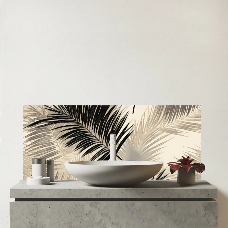 Image of Warren Reed - Designer Black & White Tropical Palm Leaves Glass Bathroom Splashback in Grey Grey Unisex