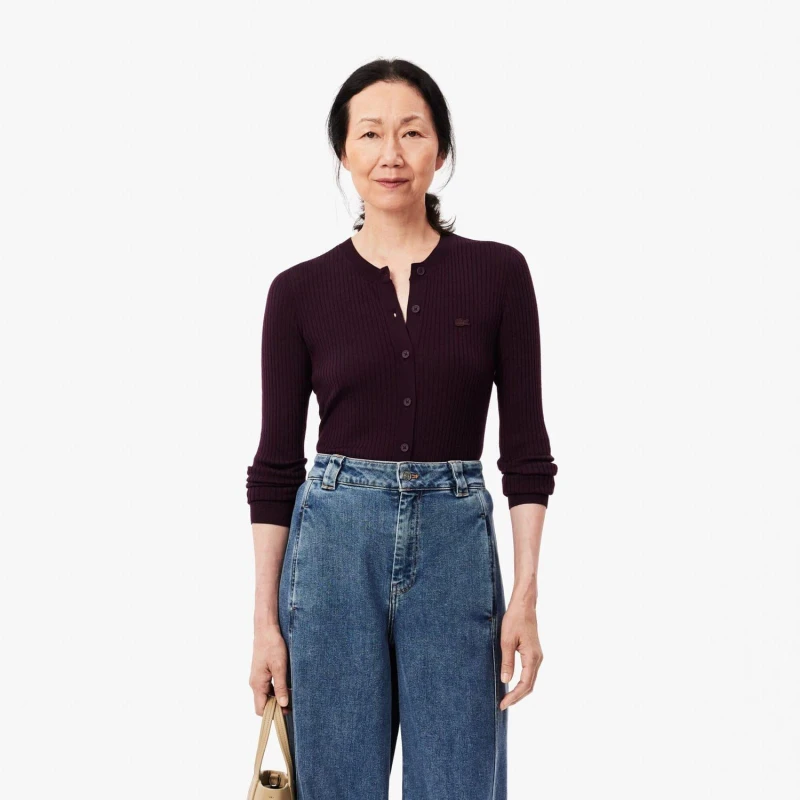Image of Lacoste Merino Wool 3D Knit Cardigan Red Maroon female 10