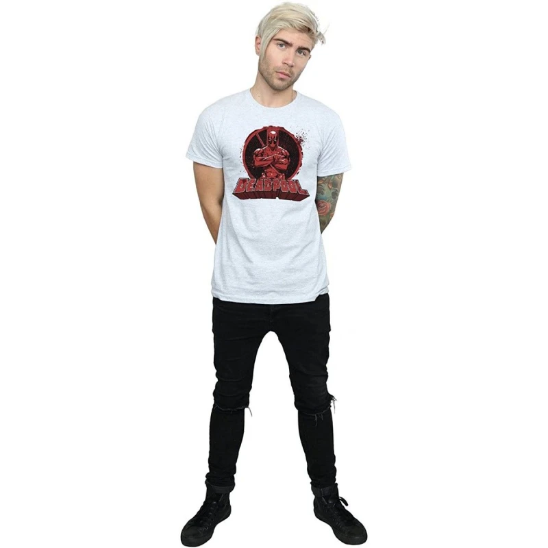 Image of Deadpool Deadpool Men Arms Crossed Logo T-Shirt in Grey Size: Small Grey S Male 5063377447569