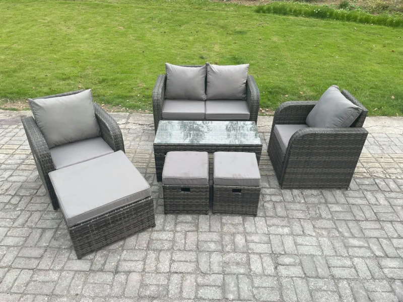 Image of Fimous 7 Seater Rattan Lounge Sofa Set Outdoor Garden Furniture Set with Rectangular Coffee Table Love Sofa 3 Footstools Dark Grey