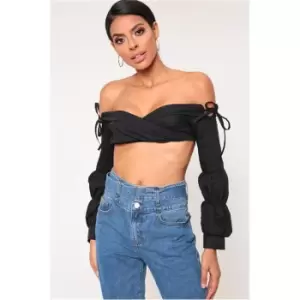Image of I Saw It First Black Wrap Front Crop Top With Puffed Sleeves - Black