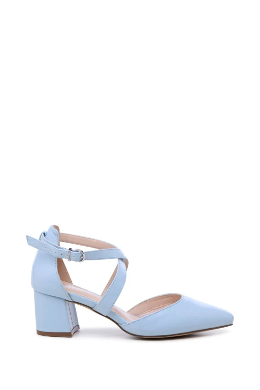Image of Paradox London Womens 'Ffion' Wide Fit Mid Block Heel Cross Strap Court Shoe in Baby Blue Size: 7E Baby Blue Female 7E