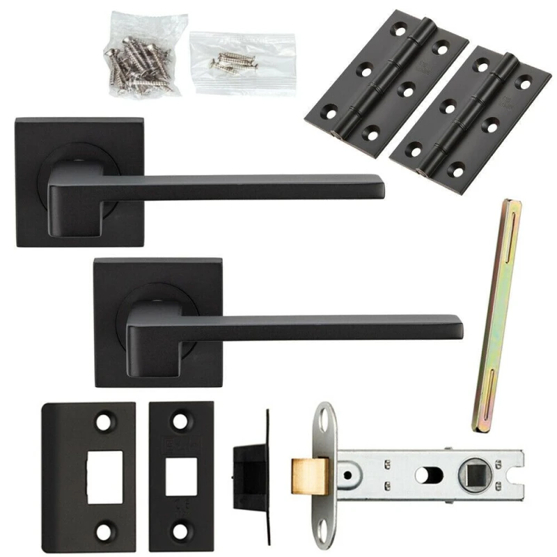 Image of Loops Door Handle & Latch Pack Matt Black Straight Flat lever Screwless Square Rose Black