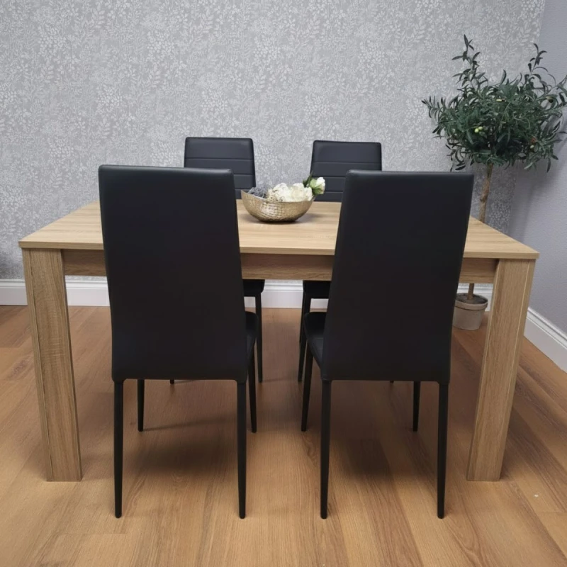 Image of KOSY KOALA Dining Table and 4 Chairs Oak Effect Wood 4 Black Leather Chairs Dining Room Oak table 117 + 4 Black metal