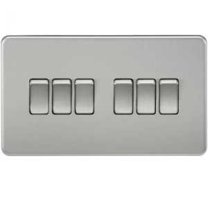 Image of KnightsBridge 10A 6G 2 Way 230V Screwless Brushed Chrome Electric Wall Plate Switch