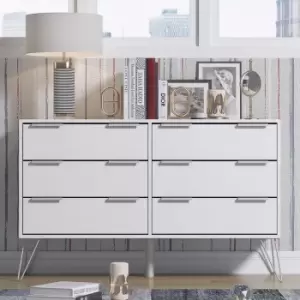 Image of Matt White 6 Drawer Bedroom Chest Drawers.Silver Hairpin Legs.14cm Deep Drawers. - White
