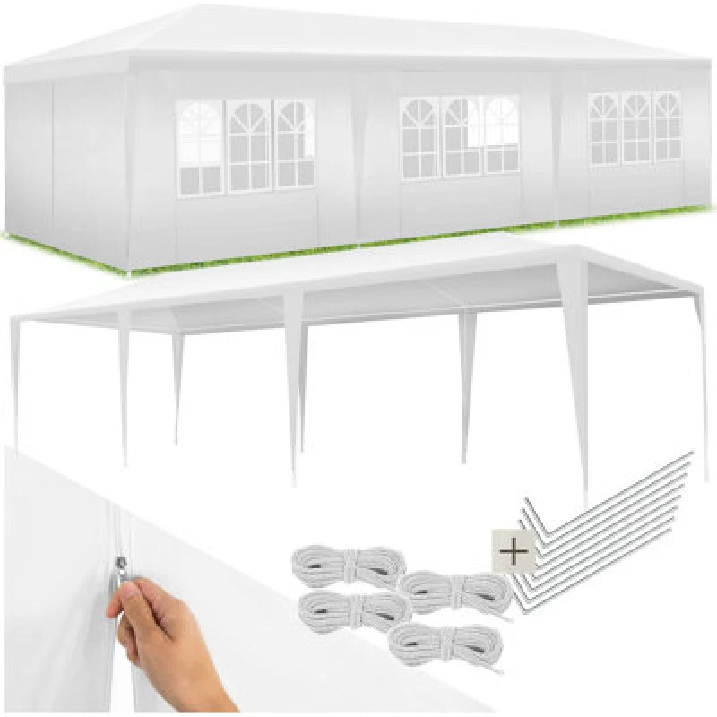 Image of Tectake Gazebo Miramas With 8 Side Panels, Water-Resistant, 9X3M 900 X 300 X 250 Cm - White