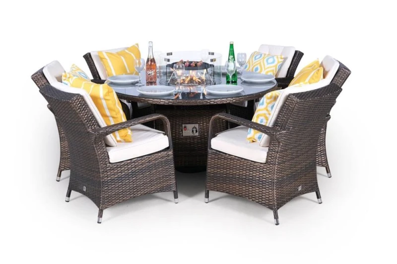 Image of Thats Furniture Arizona Fire Pit 6 Seater Round Rattan Dining Set in Brown Brown Unisex