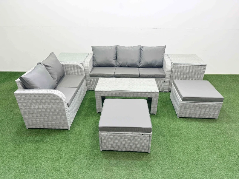Image of Fimous 7 Seater PE Rattan Wicker Garden Furniture Patio Conservatory Sofa Set with Oblong Coffee Table 3 Seater Sofa Love Sofa 2 Big Footstool 2 Side