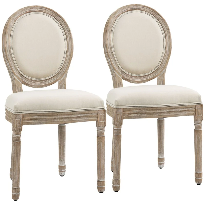 Image of HOMCOM Dining Chairs Set of 2, French-Style Kitchen Chairs, Armless Accent Chairs with Linen Fabric Upholstery, Round Backrest and Solid Wooden Frame