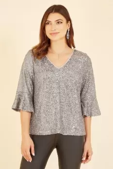 Image of Silver Sequin Top With Fluted Sleeve