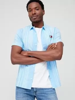 Image of Tommy Jeans Classic Linen Mini Stripe Short Sleeve Shirt, Blue Size M Men