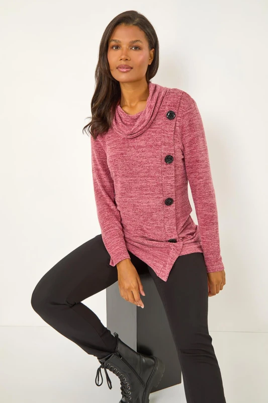 Image of Roman Cowl Neck Button Stretch Top Red