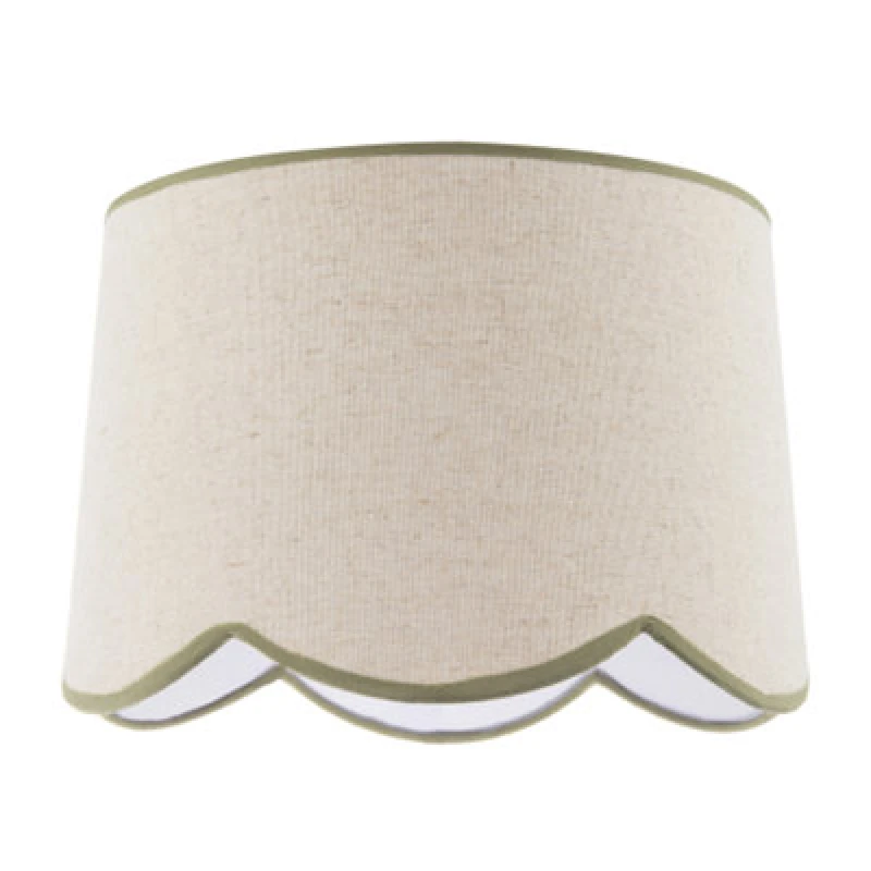 Image of Happy Homewares Natural Oatmeal Textured Linen Scallop Lamp Shade With Olive Trims