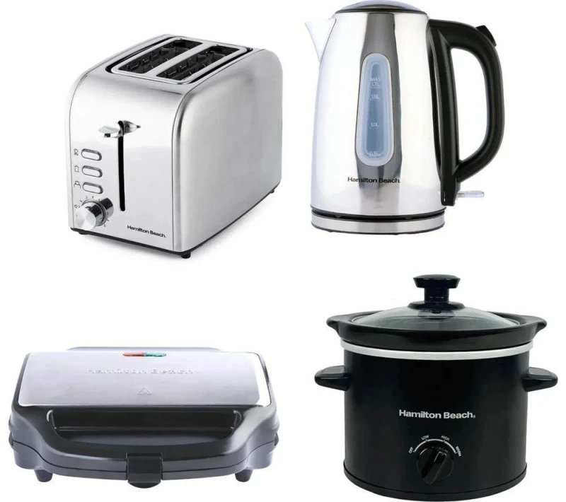Image of HAMILTON BEACH Rise Jug Kettle, 2-Slice Toaster, Sandwich Toaster & Slow Cooker Bundle - Black 5060916373488
