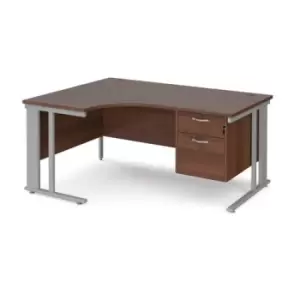 Image of Office Desk Left Hand Corner Desk 1600mm With Pedestal Walnut Top With Silver Frame 1200mm Depth Maestro 25 MCM16ELP2SW
