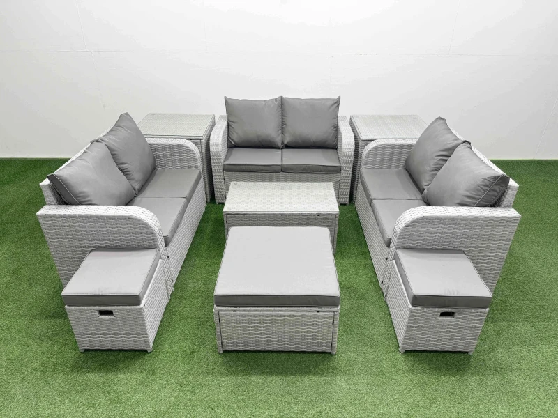 Image of Fimous 9 Seater PE Wicker Rattan Furniture Sofa Sets with Rectangular Coffee Table 2 Seater Love Sofa 3 Stool 2 Side Table Light Grey Light Grey