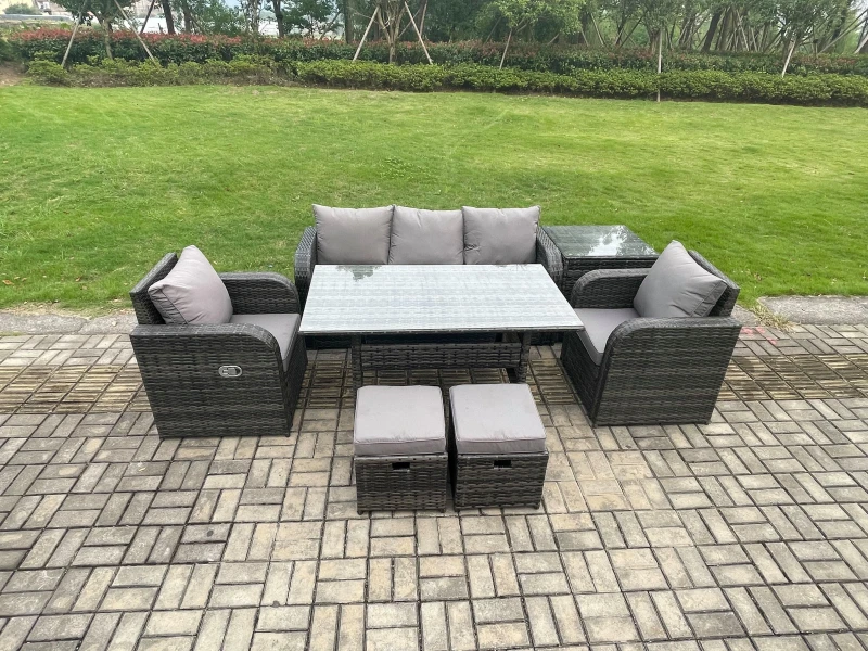 Image of Fimous Wicker PE Rattan Garden Furniture Set Outdoor Rectangular Dining Table & Chair Sofa Set With 2 Small Footstools in Dark Grey Dark Grey Unisex