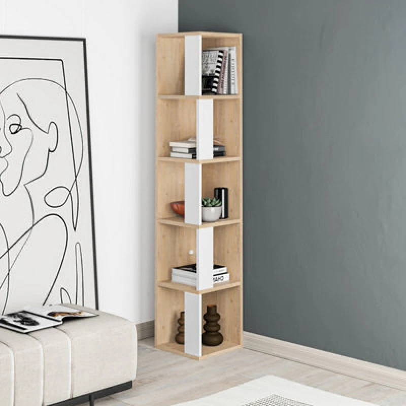 Image of Decortie Piano Modern Corner Bookcase Display Unit Oak, White Tall 158.9Cm