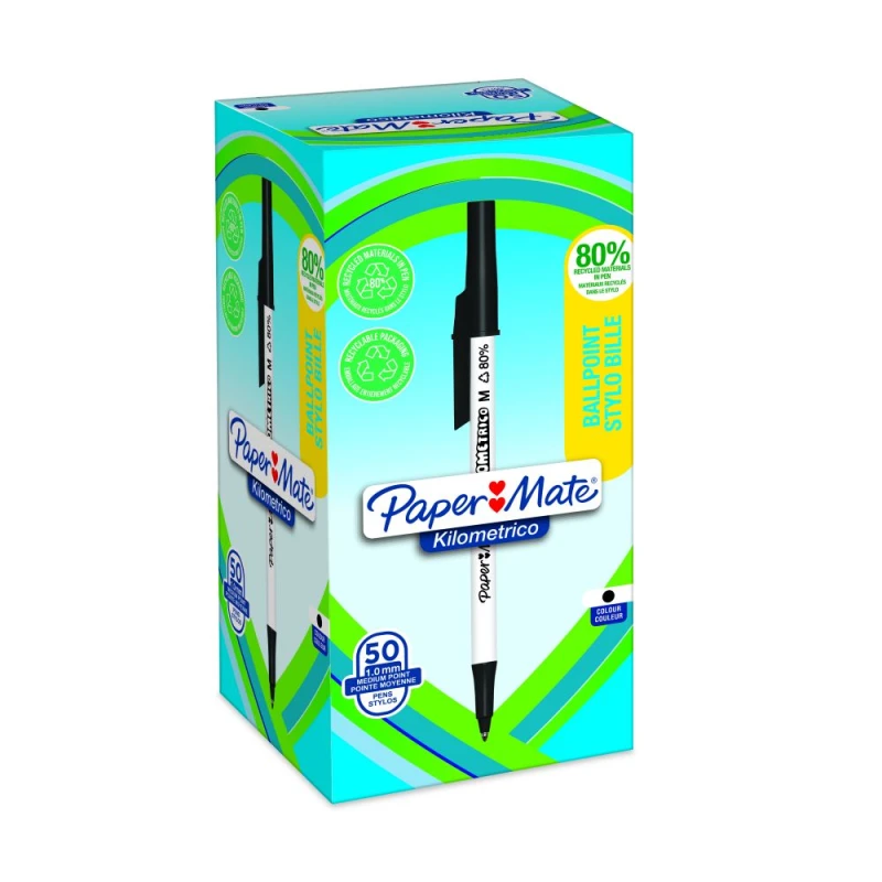 Image of Paper Mate Kilometrico Ballpoint Pen Medium Point 1.0mm Black 80% recycled Plastic (Pack 50) 2187701