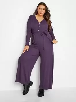 Image of Yours Rib Wide Leg Jumpsuit Dark Purple, Purple, Size 14, Women