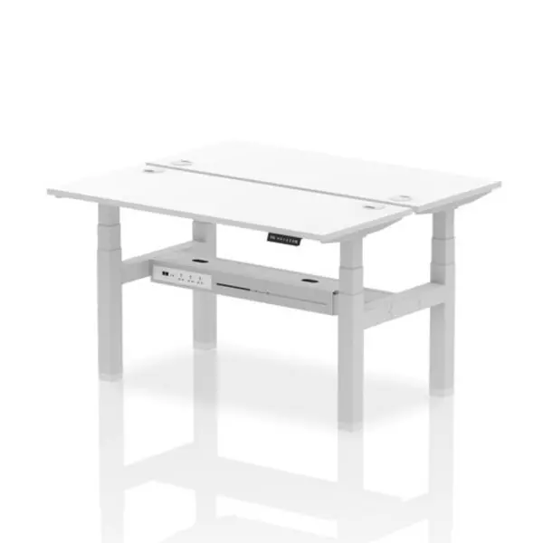 Image of Air Air Back-to-Back 1400 x 600mm Height Adjustable 2 Person Bench Desk White Top with Cable Ports Silver Frame HASCP2P14600WHTS