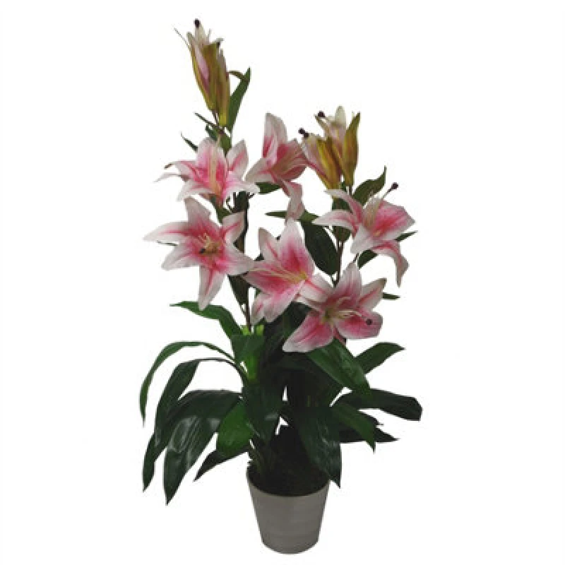 Image of Leaf 90cm (3ft) Artificial Lily Stargazer Style Lillies Plant Large Flowers Pink Dark Pink
