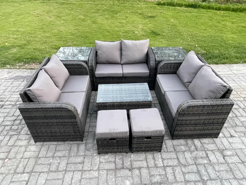 Image of Fimous Wicker PE Rattan Garden Furniture Set 8 Seater Outdoor Lounge Sofa Set with Love Sofa Coffee Table 2 Side Tables 2 Small Footstools Dark Grey