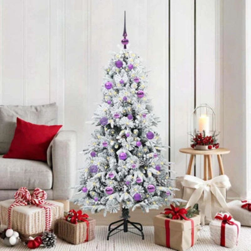 Image of vidaXL Artificial Hinged Christmas Tree with Lilac Balls Snow Flocked Green 150cm PE and PVC, Green 3397477