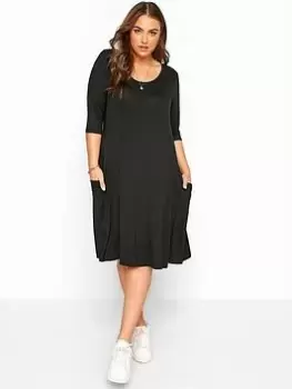 Image of Yours Drape Pocket Dress with Three Quarter Sleeve - Black, Size 26-28, Women