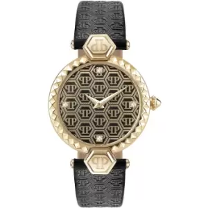 Image of Philipp Plein PWEAA0321 Womens Couture Black Leather Strap Wristwatch
