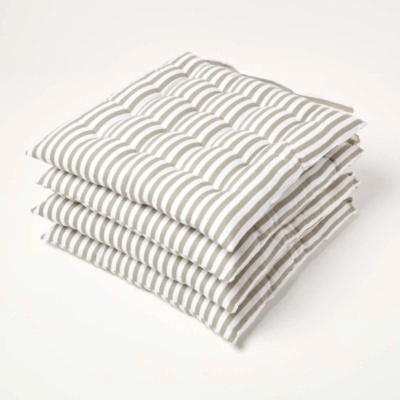 Image of Homescapes Grey Stripe Seat Pad with Button Straps 100% Cotton 40 x 40cm Set of 4 Grey