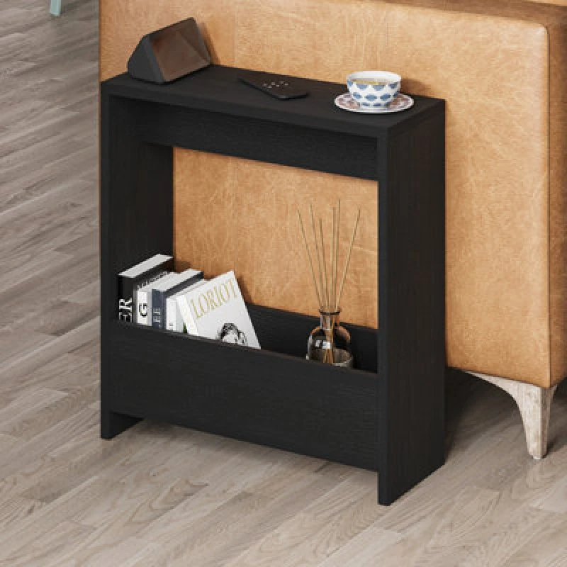 Image of Decortie Simpi Black Wood Slim End Table With Magazine Rack (H) 60Cm