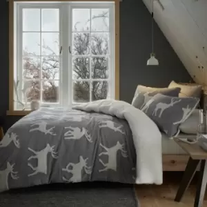 Image of Catherine Lansfield Stag Sherpa Cosy So Soft Fleece Jacquard Duvet Cover Set, Grey, Super King