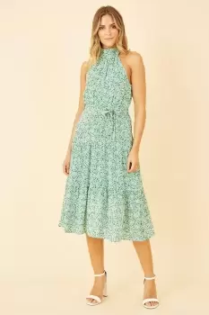 Image of Green Ditsy Floral Halter Neck Midi Dress