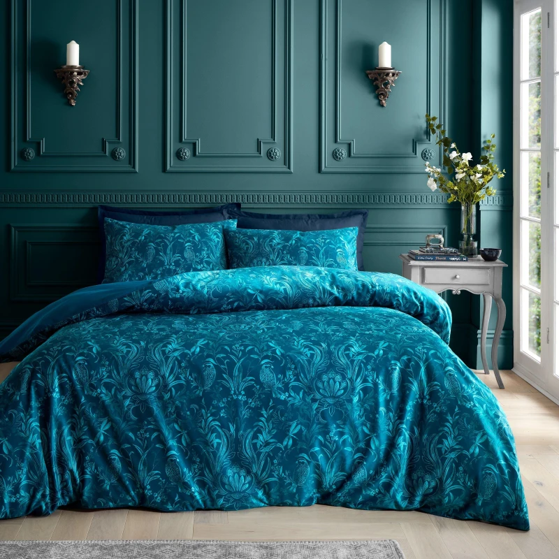Image of Bridgerton Regal Birds Velvet Damask Duvet Cover Bedding Set Teal