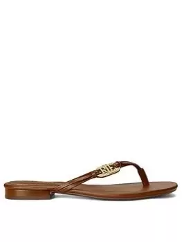 Image of Lauren by Ralph Lauren Leather Branded Flip Flop - Deep Saddle Tan, Brown, Size 7, Women