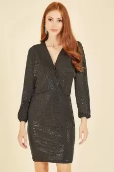 Image of Black Sparkle Long Sleeve V Neck Fitted Dress