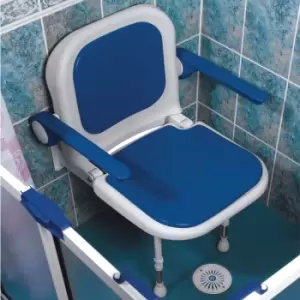 Image of AKW 4000 Series Standard Fold Up Padded Shower Seat Blue with Back & Blue Arms