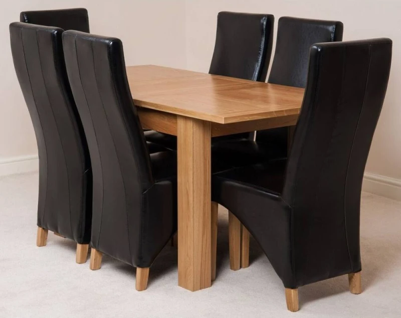 Image of Thats Furniture Hampton 120-160cm Oak Extending Dining Table & 6 Lola Leather Chairs in Black Unisex