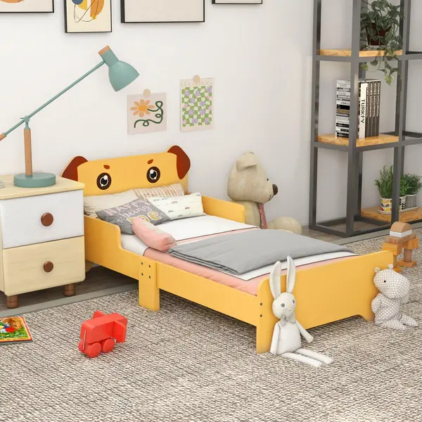 Image of ZONEKIZ Toddler Bed Frame, Puppy-Themed Design, 143 x 74 x 58cm - Yellow Yellow