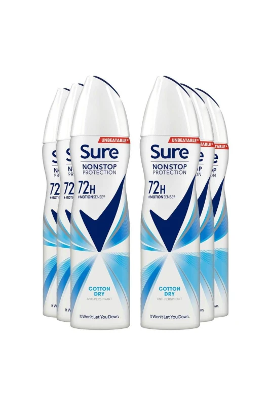 Image of Sure Women 'Anti-Perspirant' 72H Protection Deo Cotton Dry, 6x150ml White female