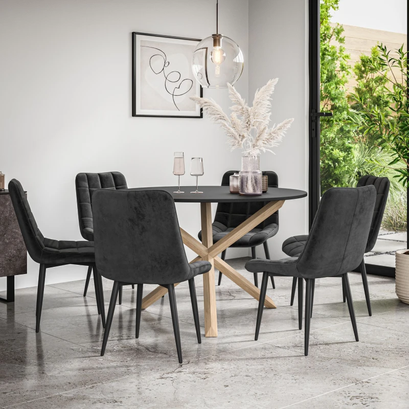 Image of More4Homes Malvern Round Dining Table And Chairs - Black Table Top W Solid Oak Legs + Nova Velvet Dining Chair Set Of 6 (Black)