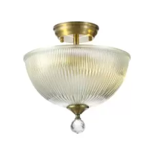 Image of Luminosa Talisa 2 Light Semi Flush Ceiling Lamp E27 With Dome 30cm Glass Shade Antique Brass, Clear