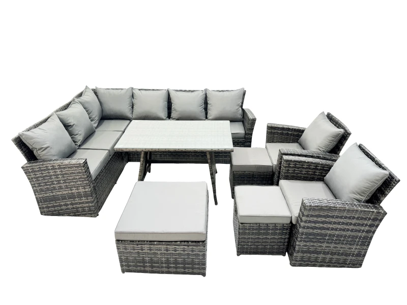 Image of Fimous 11 Seat Rattan High Back Corner Sofa Set Patio Dining Table Set in Dark Grey Dark Grey Unisex
