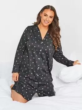 Image of Yours Star Button Through Long Sleeve Nightdress - Charcoal Grey, Size 26-28, Women